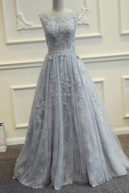 Elegant Lace Appliques Long Tulle Evening Gowns,Fashion Prom Dress,Sexy Party Dress,Custom Made Evening Dress