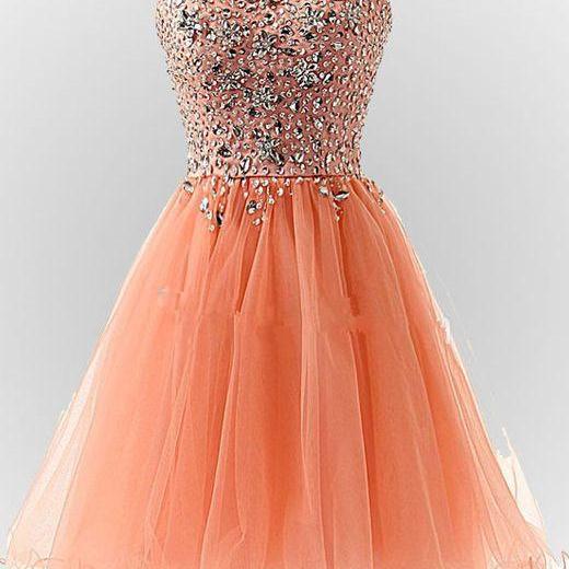 Hot A Line Spaghetti Straps Above Knee Tulle Prom Dress With Crystal On