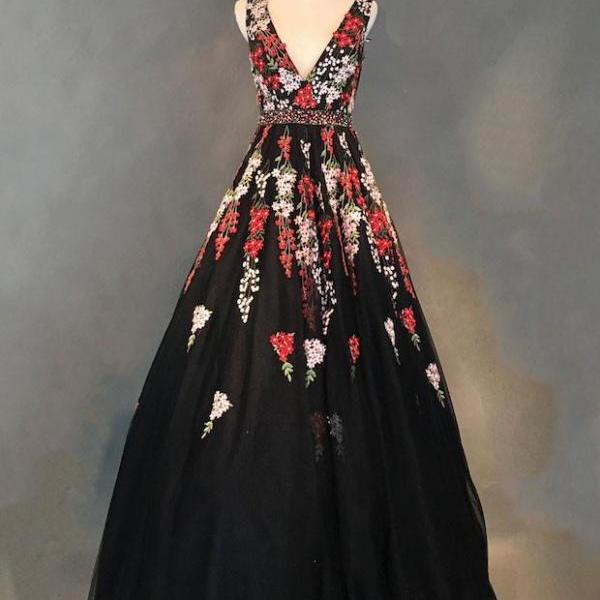 Black Long Sleeves Tulle Long Prom Dress with Gold Appliques,DP1090