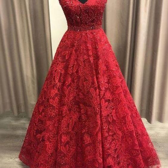 Red A-line Satin V-neck Long Prom Party Dresses With Beaded OP499