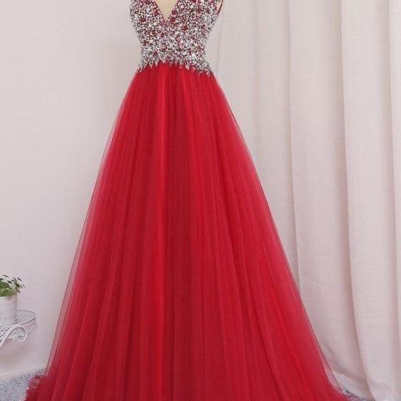 A Line V Neck Tulle Prom Dress With Beading 