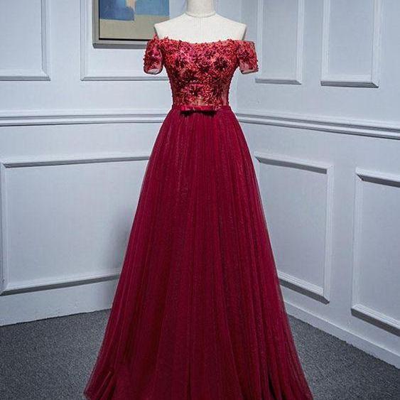Burgundy Lace Top Off Shoulders Long Sleeve Prom Dress main image 0