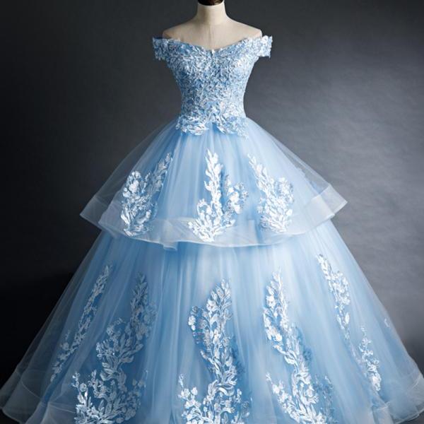One Shoulder A-line Ball Gown Light Blue Lace Evening Ball Gown Lace Prom Dresses,DS4265