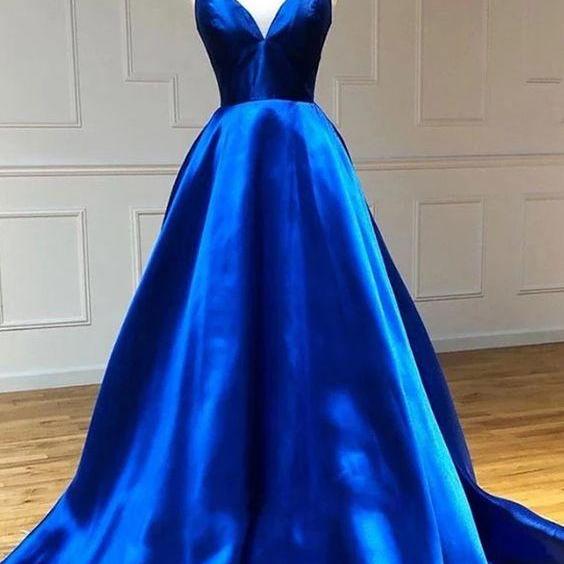 Royal Blue Satin V Neck A-Line Long Prom Dress Lace-Up