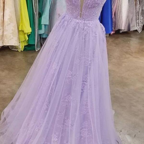 Princess A Line V Neck Lace Long Prom Dress, Evening Dress