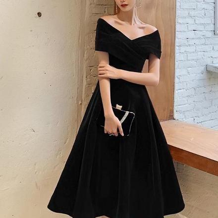Black Velvet Elegant Lace-Up Prom Dress, Black Off Shoulder Prom Dress   cg16924 main image 0