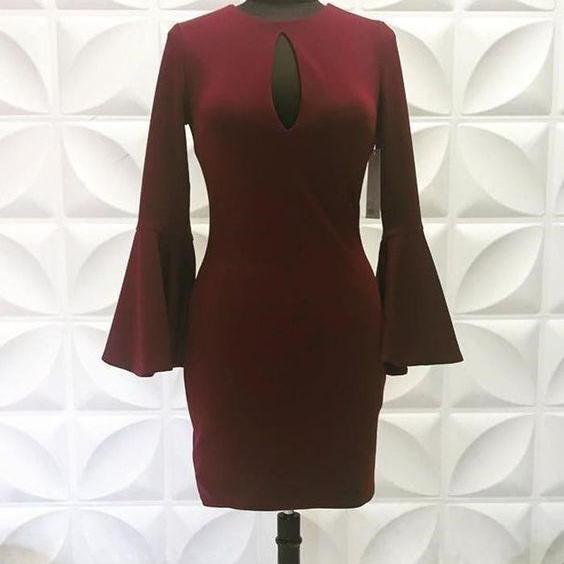 Jewel Neck Cutout Satin Burgundy Tight Short Homecoming Dress