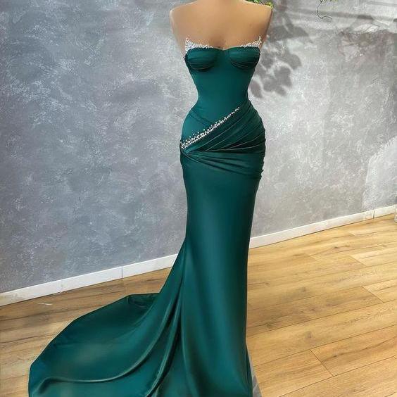 Green Beading long Evening Prom Dress
