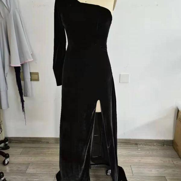 One Shoulder Black Velvet Prom Dress With Split