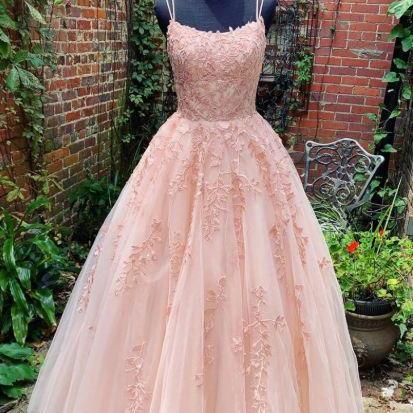 Pink Lace Appliques Prom Dresses Long for Women Spaghetti Straps Tulle A-Line Formal Party Evening Gowns with Train
