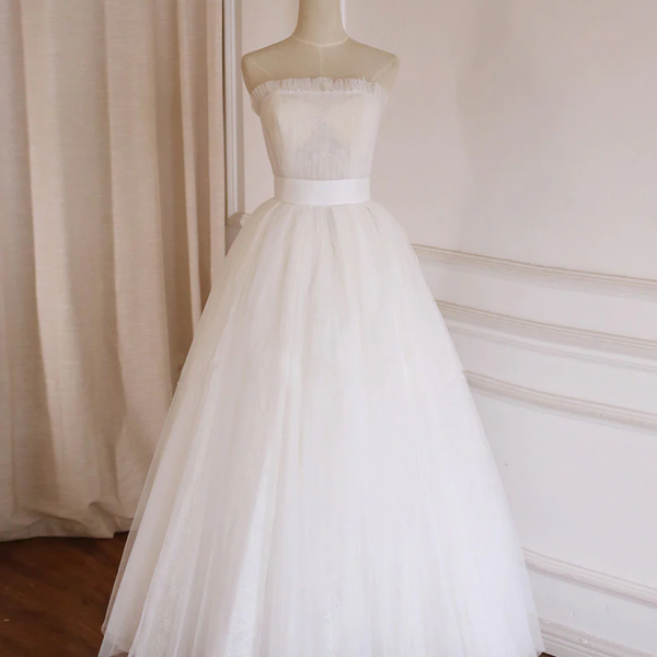 Simple Tulle Lace Floor Length White Prom Dress Bridesmaid Dress 392