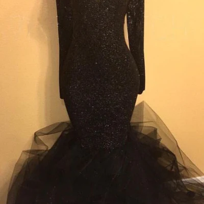 Black Sequins Tulle Long Sleeves Mermaid Prom Dresses 394