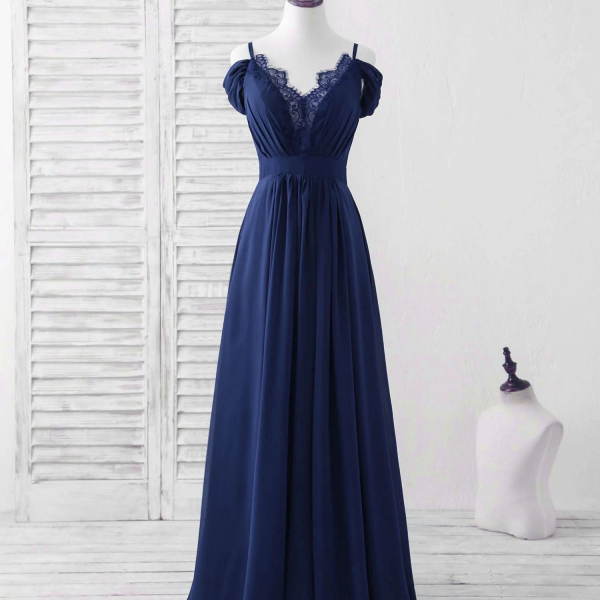 Navy Blue Spaghetti Straps Lace Chiffon A-line Long Prom Dress 440