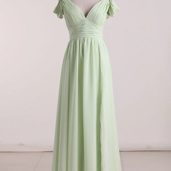 V Neck A-line Chiffon Floor Length Evening Dresses 472