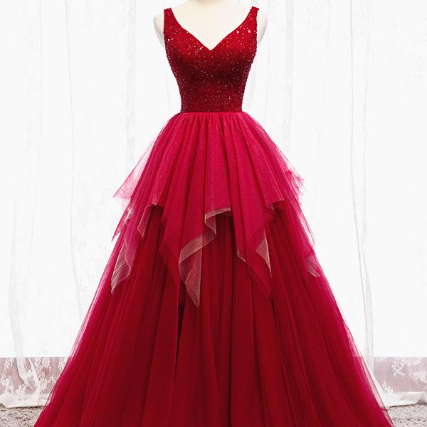 Red V Neck Sequins Tulle A-line Floor Length Prom Dresses 477