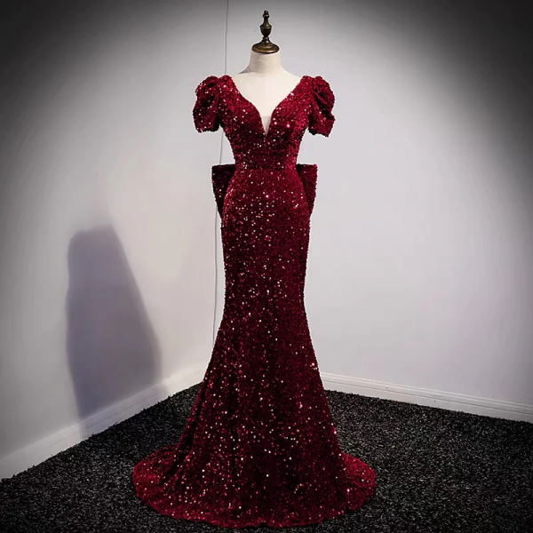 Burgundy Mermaid Tight Sequins Prom Dresses 489