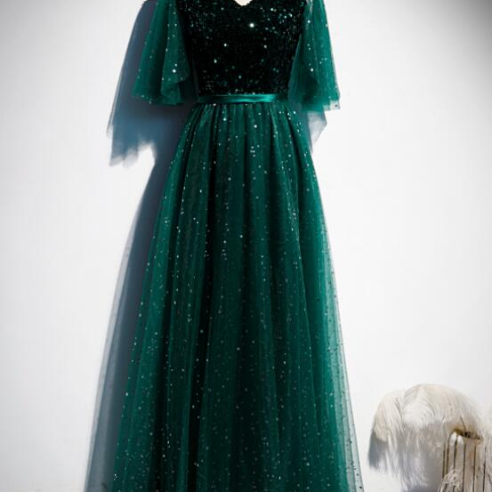 Dark Green V-Neckline Shiny Tulle Sequins Long Formal Dress 491