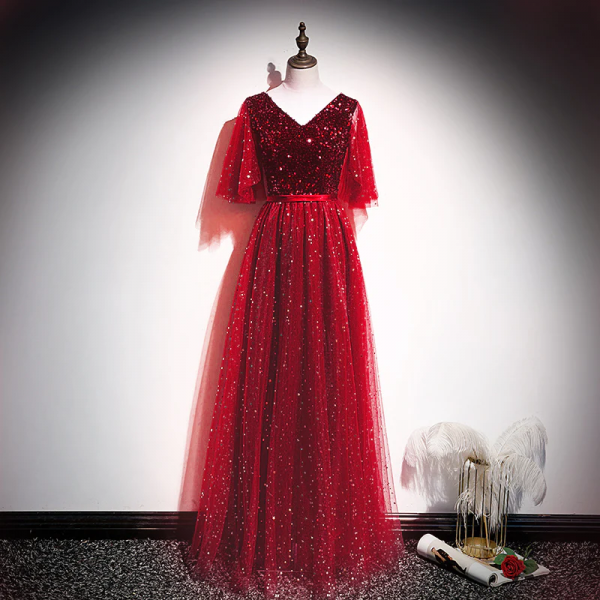 Burgundy V-Neckline Shiny Tulle Sequins Long Formal Dress 492