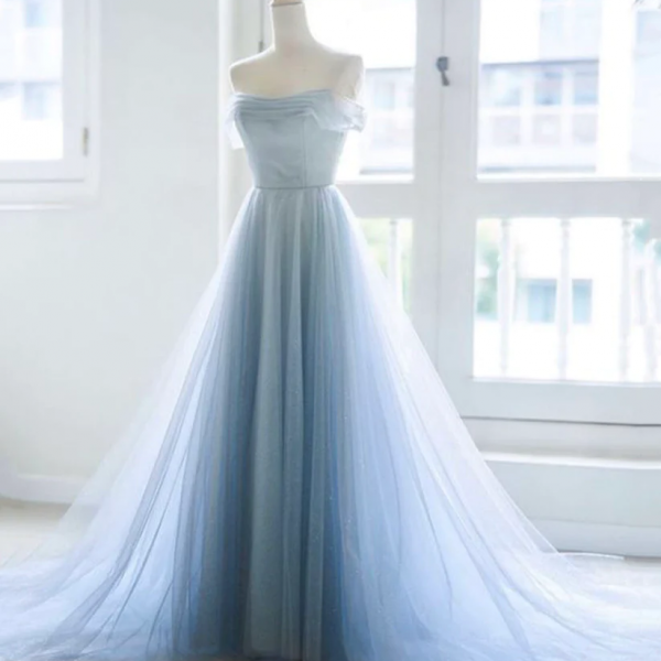 Blue tulle long A line prom dress 499