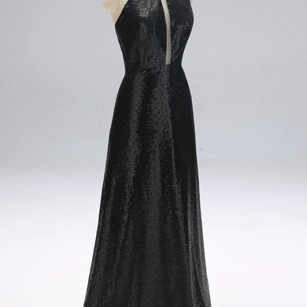 Black Sequins Prom Dress Open Back Evening Dress 500