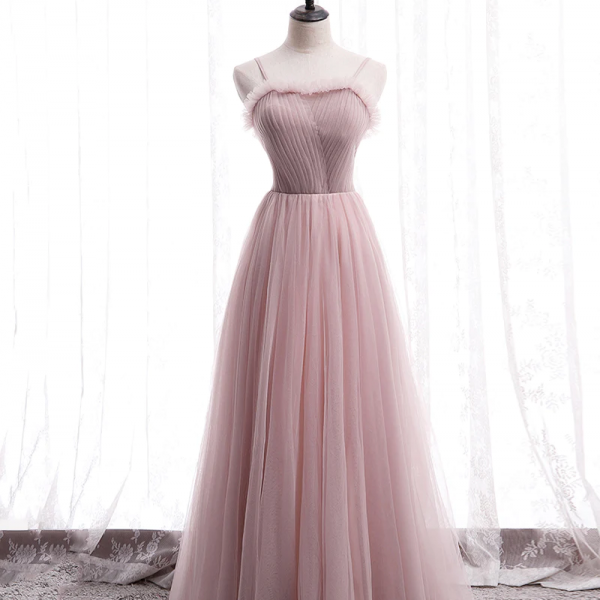 Spaghetti Straps Pink Tulle Long Prom Dress Simple Evening Dress 502