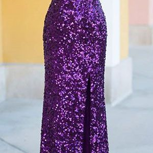 Spaghetti Straps V-neck Purple Sequins Slit Floor Length Prom Dress 517