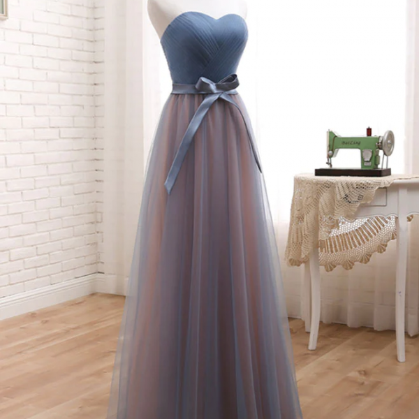 Blue Tulle Gradient Long Evening Dress Party Dress, A-line Tulle Bridesmaid Dresses