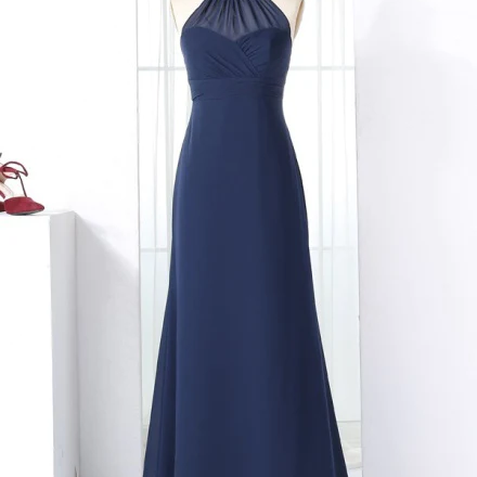 Halter Navy Blue Chiffon Long Evening Dress Prom Dress 786