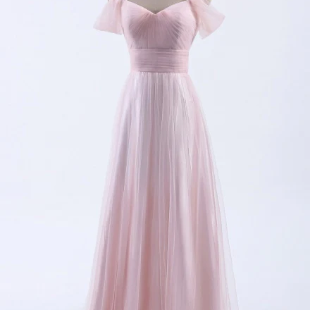 Cute Bakcless Pink Cold Shoulder Tulle Floor-Length Party Dress 788