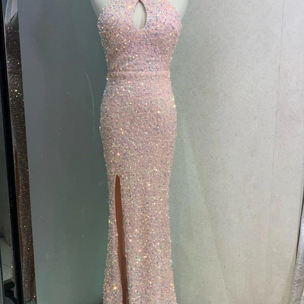 Elegant Key Hole Pink Sequins Slit Long Prom Dress 836