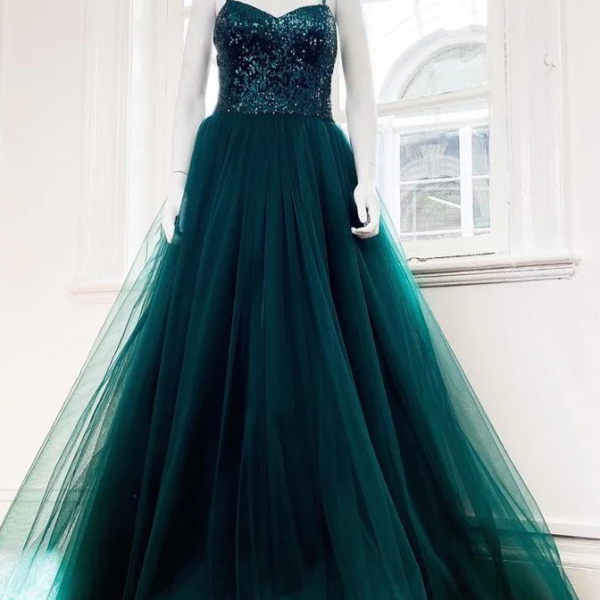 Dark Green Spaghetti Straps Sequins Tulle Long Prom Gowns 837
