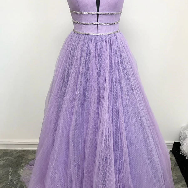 Purple V Neck A Line Beaded Tulle Long Prom Dress 838