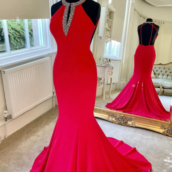 Sexy Red Halter Backless Sheath Mermaid Long Prom Dress Evening Dress 917