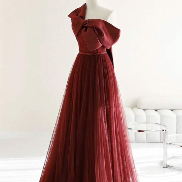 Burgundy Satin Bow A-Line Tulle Long Evening Dress Formal Prom Dress 919