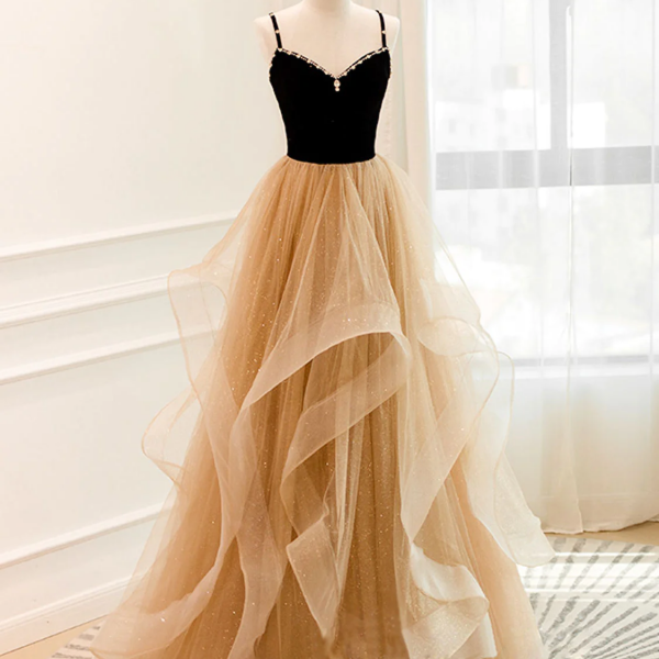 Champagne A-Line Sweetheart Backless Tulle Long Prom Dress Evening Dress 946