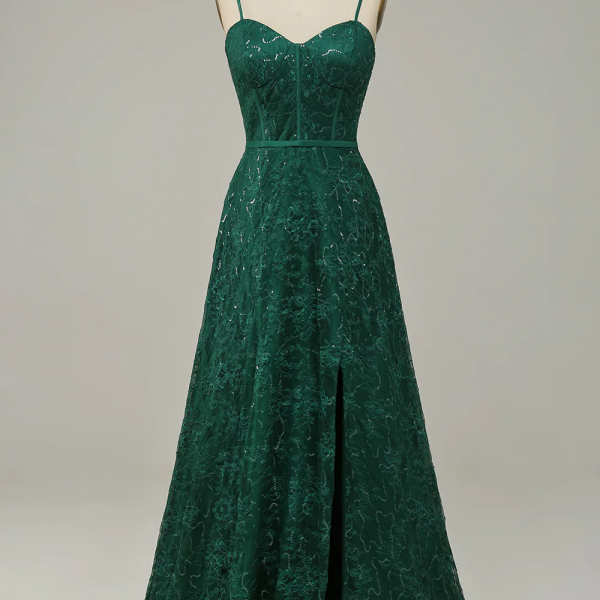 Popular Dark Green Lace Spaghetti Straps A Line Slit Prom Dress 954
