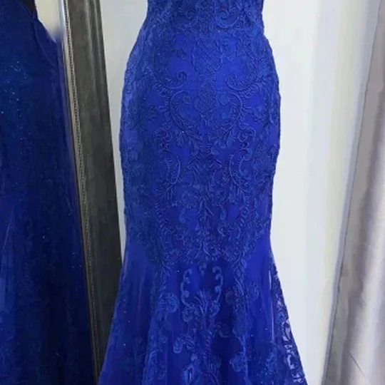 Blue Lace Spaghetti Straps V Neck Long Mermaid Prom Dress Graduation Party Gowns 980