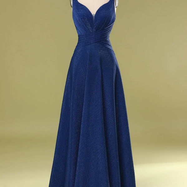 Shiny Blue V Neck A Line Floor Length Prom Dress 982