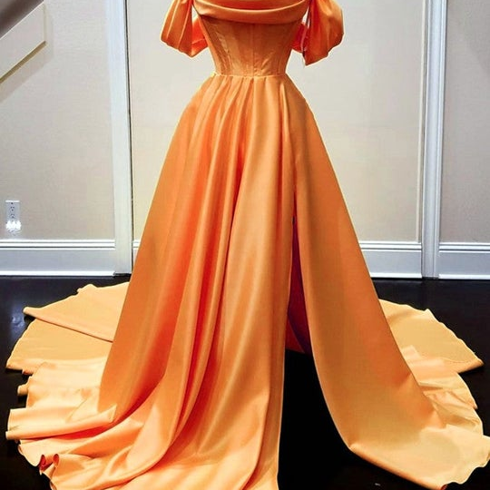 Long Orange Satin Off The Shoulder A-Line Side Slit Prom Dresses 983