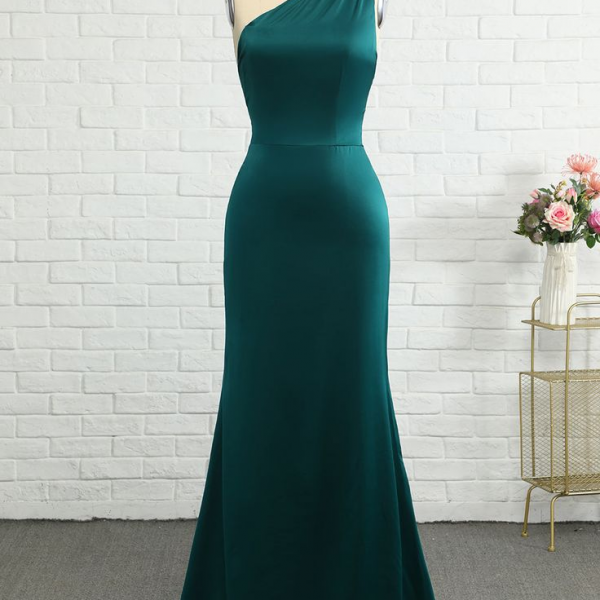 Dark Green One Shoulder Long Mermaid Side Split Prom Dress Bridesmaid Dress A027