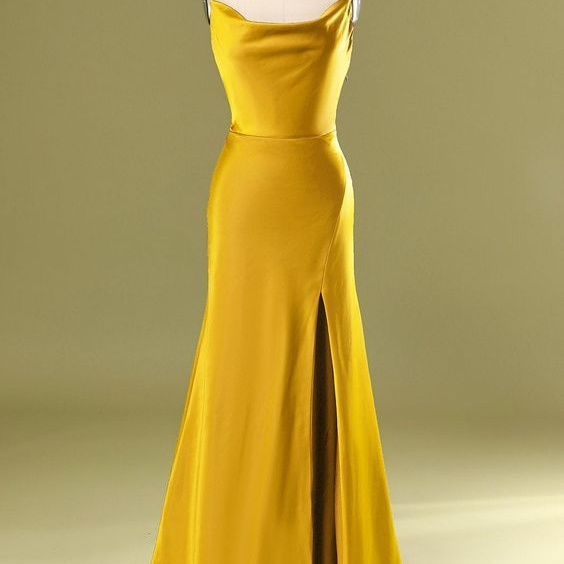 Simple Yellow Mermaid Slit Prom Dress Bridesmaid Dress A028
