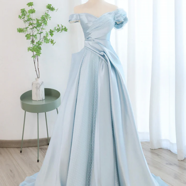 Pretty Light Blue Off The Shoulder Satin Tulle Long Prom Dress Formal Evening Dress A032