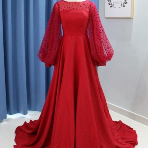 Elegant Red Satin With Piuff Long Sleeves Long Prom Dresses Sweep Train Women Party Gowns A111