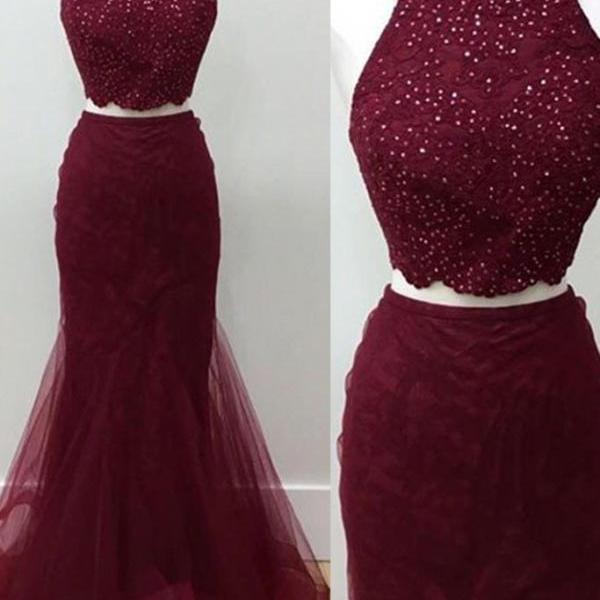 Crimson Tulle Two Pieces Sequins Long Dress,Fashion Prom Dress,Sexy ...