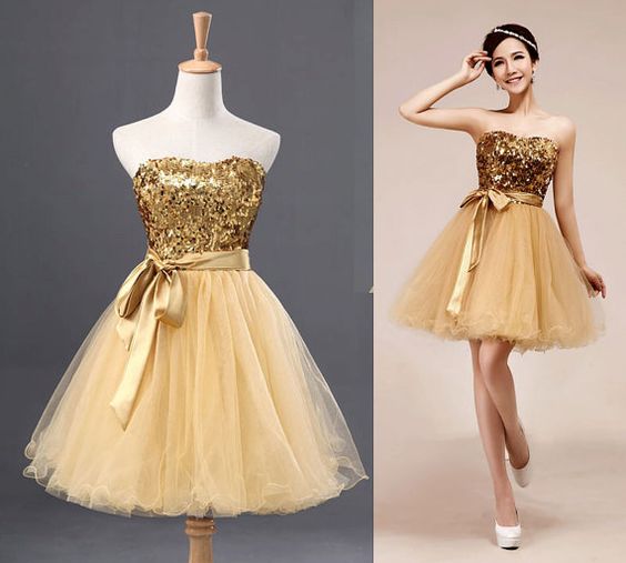 Gold Short Prom Dress Tulle Dress Bridesmaid Dress,Fashion Homecoming