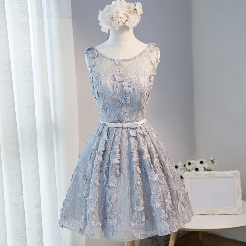 A-Line Scoop Sleeveless Short Silver Lace Homecoming Dress With ...