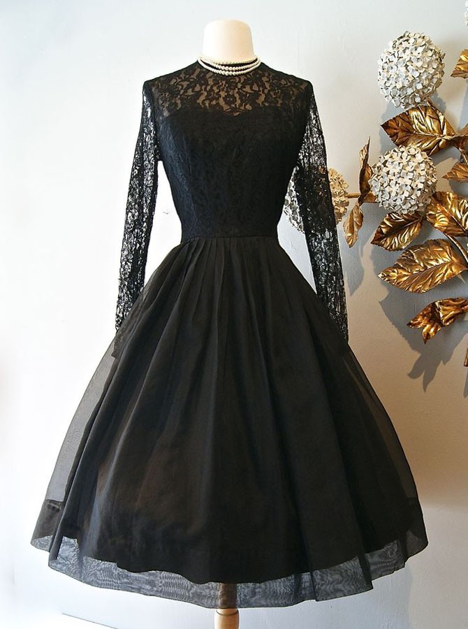 Vintage Style A-Line Knee-Length Long Sleeves Black Homecoming Dress ...