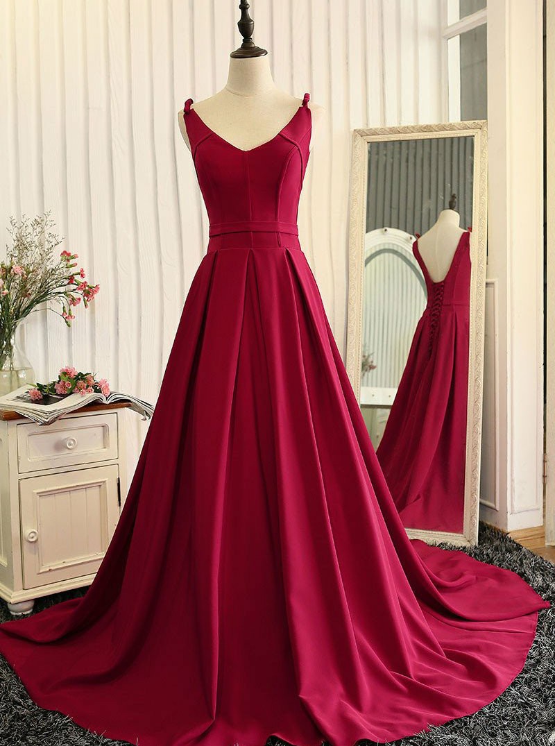 Elegant Aline Prom Dress, Backless Wine Red Prom Dress, Stain Long