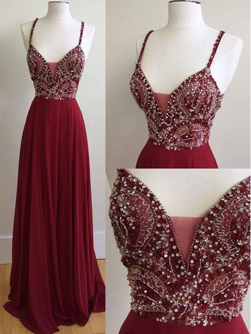 Spaghetti Floor Length A-line Beading Burgundy Prom Dresses main image 0