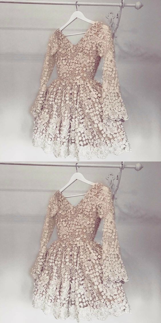 A-Line V-Neck Short Champagne Lace Homecoming Dress with Criss-Cross Back main image 1